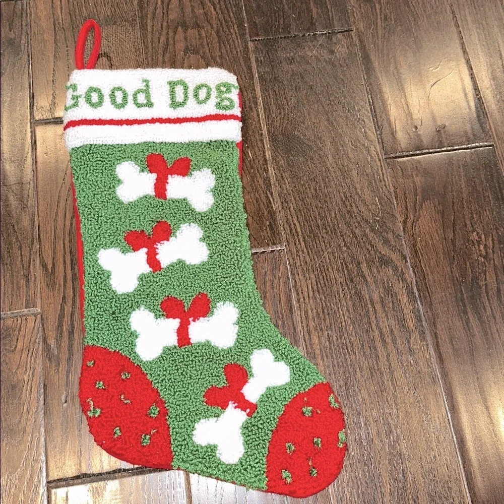 Festive Green and Red Good Dog knit embroidered Christmas Stocking